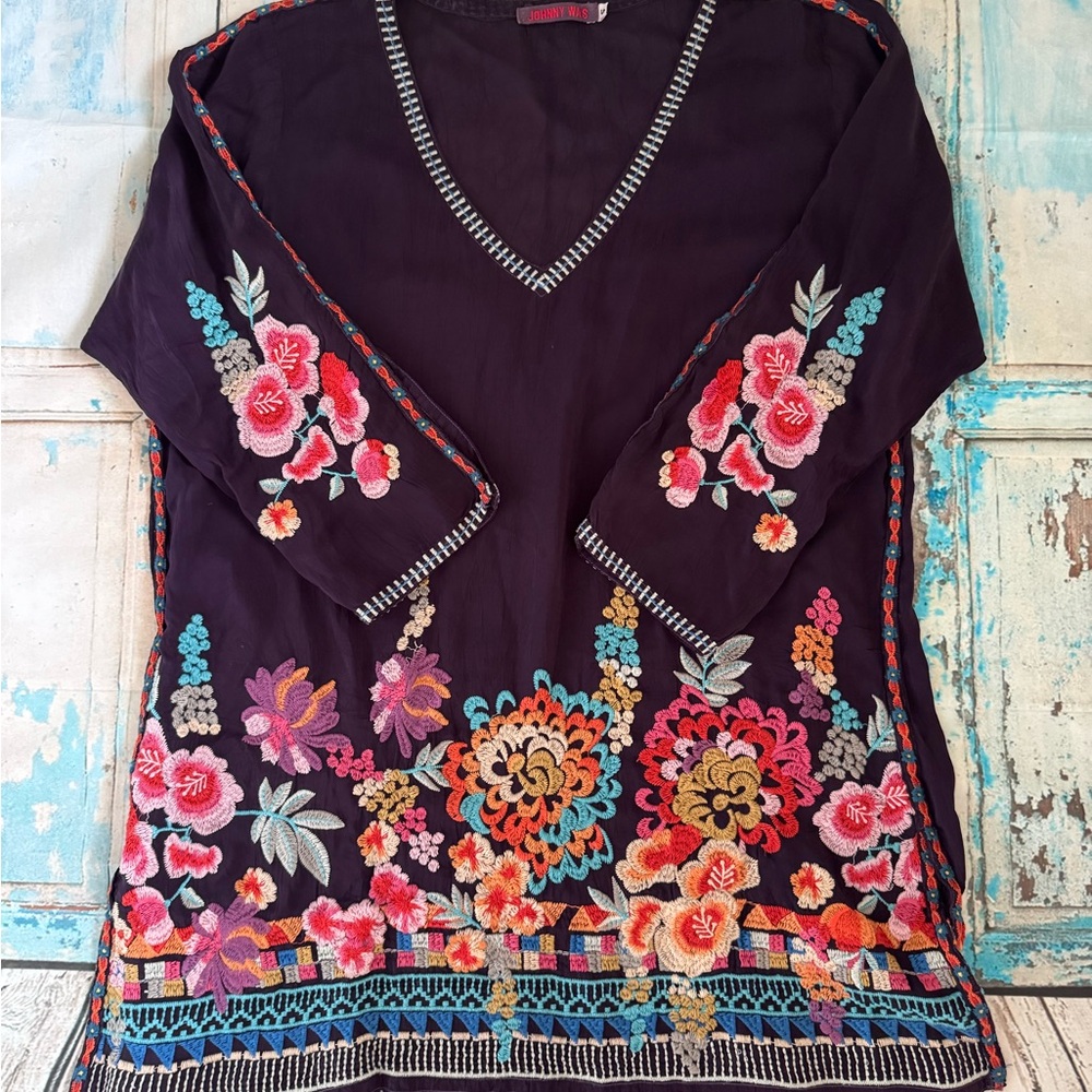 Johnny Was Purple Embellished Graphic Tunic 3/4 Sleeve